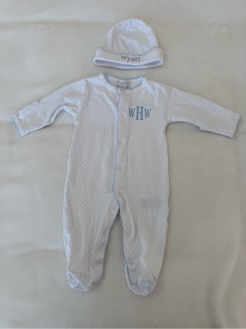 Monogrammed Kissy Kissy White & Light Blue Polkadot Onesie & Matching Hat
